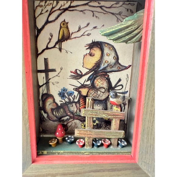 VTG Anri Thorens Music Box Wind Up Diorama Shadow Box Girl, Bird And Mushrooms - Picture 4 of 10